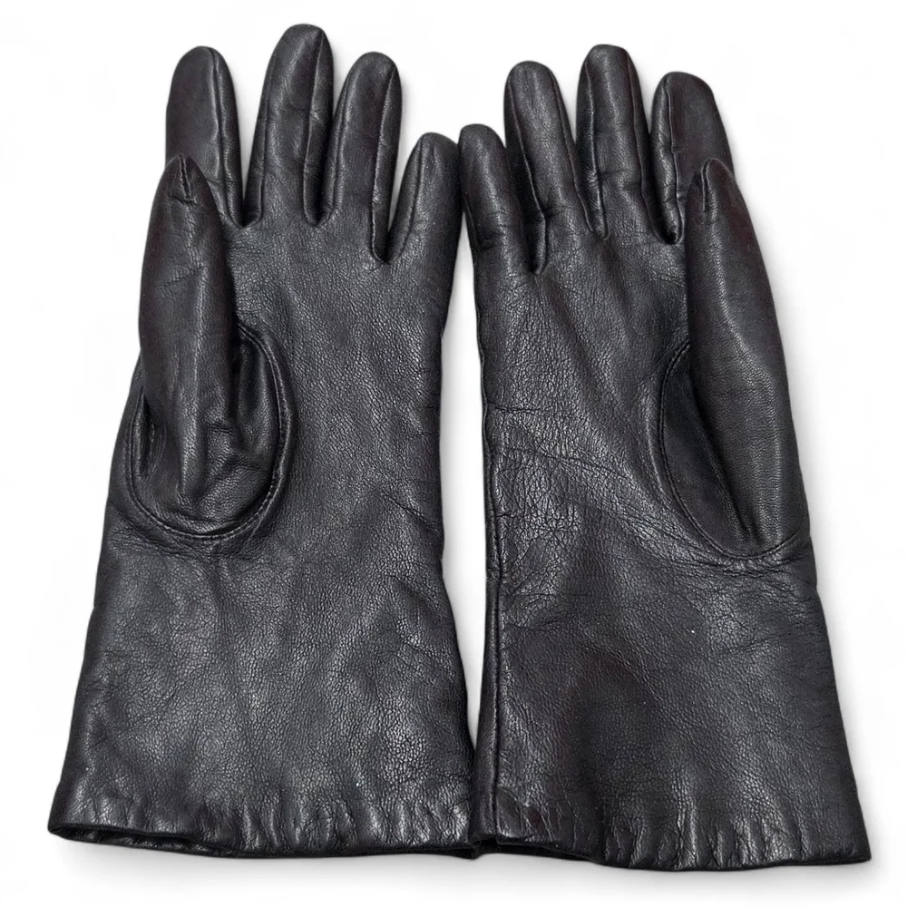 Vtg Isotoner Ladies Black Leather and Brown Cashmere Knit Gloves Size 7 Sm/Med**